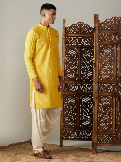 Men's Yellow Embroidery Worked Georgette Kurta With Cream Patiala Set